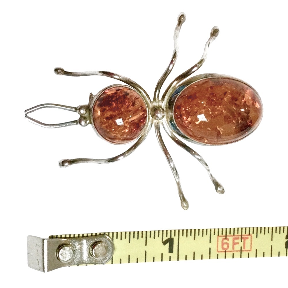 Vintage Sterling Silver Baltic Amber Insect Spider Bug Brooch Pin 1.75” Pristine - Picture 9 of 15